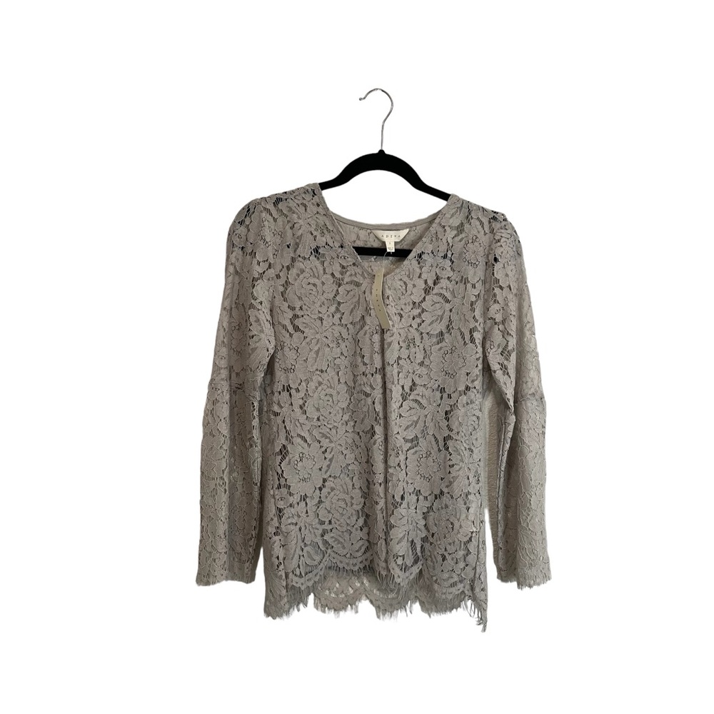 Adiva Gray Floral Lace Crochet Overlay Long Sleeve Top Blouse Womens Size S